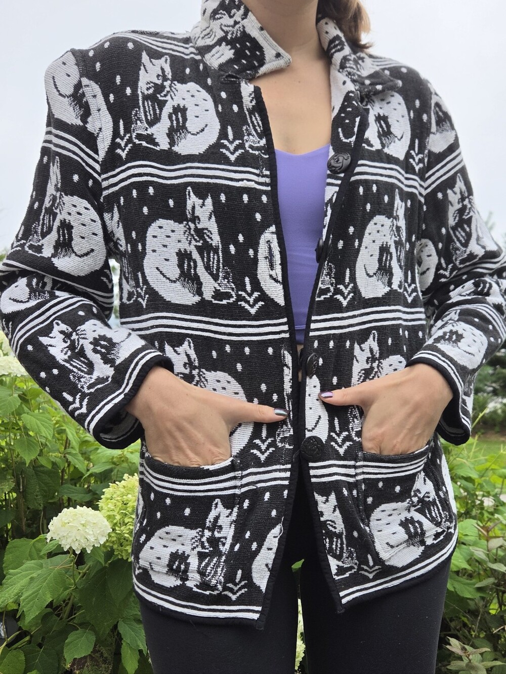 Black & White Reversible Cat Pattern Sweater Jacket